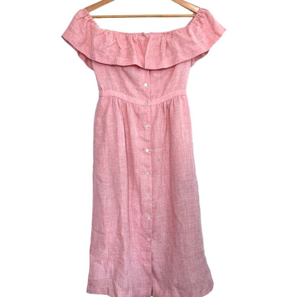 FRNCH Off The Shoulder Ruffle Button Front Peasant Dress Small Pink Linen Blend